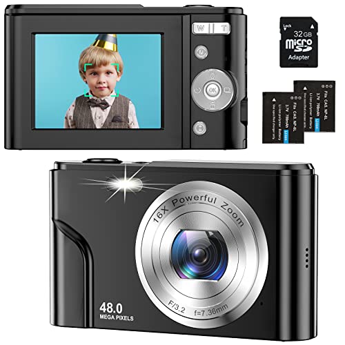 Digital Camera for Teens Kids, 1080P 48MP Kids Camera with 32GB SD Card, 2.4 Inch LCD Screen Kids Digital Camera with 16X Digital Zoom, Compact Kid Camera for Kids Girls Boys Adults Beginners (Black)