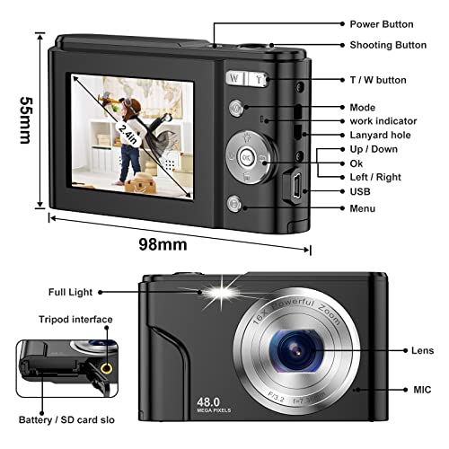 Digital Camera for Teens Kids, 1080P 48MP Kids Camera with 32GB SD Card, 2.4 Inch LCD Screen Kids Digital Camera with 16X Digital Zoom, Compact Kid Camera for Kids Girls Boys Adults Beginners (Black)