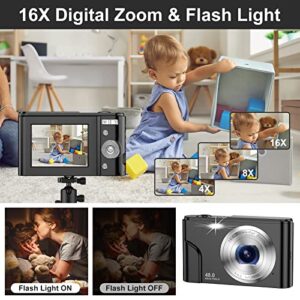 Digital Camera for Teens Kids, 1080P 48MP Kids Camera with 32GB SD Card, 2.4 Inch LCD Screen Kids Digital Camera with 16X Digital Zoom, Compact Kid Camera for Kids Girls Boys Adults Beginners (Black)