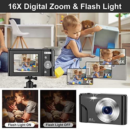 Digital Camera for Teens Kids, 1080P 48MP Kids Camera with 32GB SD Card, 2.4 Inch LCD Screen Kids Digital Camera with 16X Digital Zoom, Compact Kid Camera for Kids Girls Boys Adults Beginners (Black)