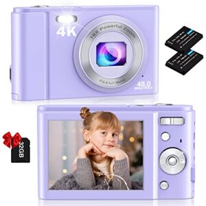 digital camera, nsoela 4k fhd 48mp kids camera with 32 gb card, compact point and shoot camera, 2.8″ lcd screen,16x digital zoom, portable mini kids camera for teens,students,children (purple)