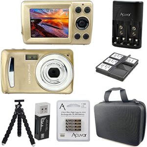 acuvar 16 megapixel entry camera vlogging kit with flexible tripod, sd card reader, 4 aaa batteries & charger, 6 slot sd card holder, lens cleaning kit and hard shell case (gold)
