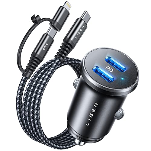 USB C Car Charger Fast Charging, 60W PD (30W+30W) Super Fast Car Charger, iPhone Car Charger Samsung Car Charger with 3.3ft C to C/L Cable for iPhone 14 13 12 iPad Samsung Galaxy S23/22 Google Pixel