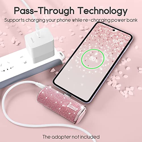 iWALK USB C Portable Charger 4500mAh Ultra-Compact Shiny Small Power Bank Compatible with Samsung Galaxy Z Flip4/3,S23,S22,S21,S20,S10,S9,Note 21/20/10/9/8,LG V35/G8/7,Google Pixel 7/6 Pro/4,Pink