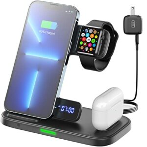 iniu 3 in 1 wireless charging station, 15w fast phone wireless charger stand dock for apple watch charger stand series 8 7 6 5 4 3 se ultra, iphone 14 13 12 11 pro max mini, airpods pro (with adapter)