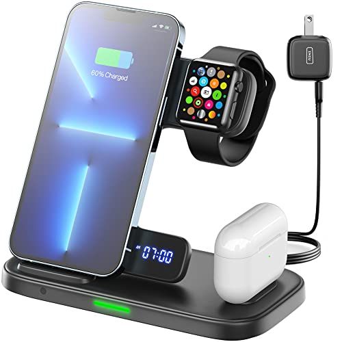 INIU 3 in 1 Wireless Charging Station, 15W Fast Phone Wireless Charger Stand Dock for Apple Watch Charger Stand Series 8 7 6 5 4 3 SE Ultra, iPhone 14 13 12 11 Pro Max Mini, Airpods Pro (with Adapter)