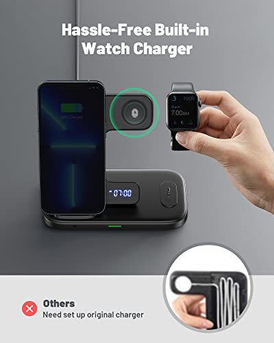 INIU 3 in 1 Wireless Charging Station, 15W Fast Phone Wireless Charger Stand Dock for Apple Watch Charger Stand Series 8 7 6 5 4 3 SE Ultra, iPhone 14 13 12 11 Pro Max Mini, Airpods Pro (with Adapter)