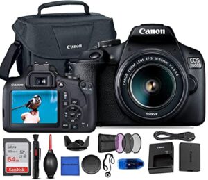 canon eos 2000d (rebel t7) dslr camera w/canon ef-s 18-55mm f/3.5-5.6 zoom lens + case + sandisk 64gb memory card + 3pc filter kit + card reader + cleaning kit (international model) (renewed)