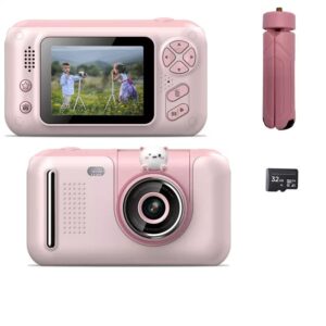 acuvar full 1080p kids selfie flip lens hd compact digital photo & video rechargeable camera with 2″ lcd screen, matching handheld tripod, 32gb card and micro usb charging (pink)