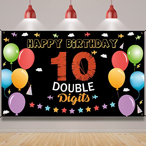 10th Birthday Backdrop Banner, Happy 10th Birthday Decorations, Kids 10 Year Old Double Digits Birthday Party Yard Sign Decor, Colorful Ten Birthday Photo Props for Outdoor Indoor, Fabric Vicycaty