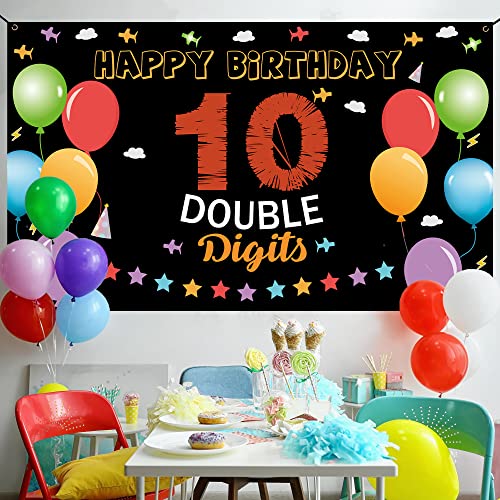 10th Birthday Backdrop Banner, Happy 10th Birthday Decorations, Kids 10 Year Old Double Digits Birthday Party Yard Sign Decor, Colorful Ten Birthday Photo Props for Outdoor Indoor, Fabric Vicycaty