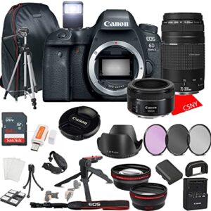 canon eos 6d mark ii dslr camera w/ef 50mm f/1.8 stm lens + 75-300mm f/4-5.6 iii lens + 64gb memory + back pack case + tripod, lenses, filters, & more (28pc bundle)