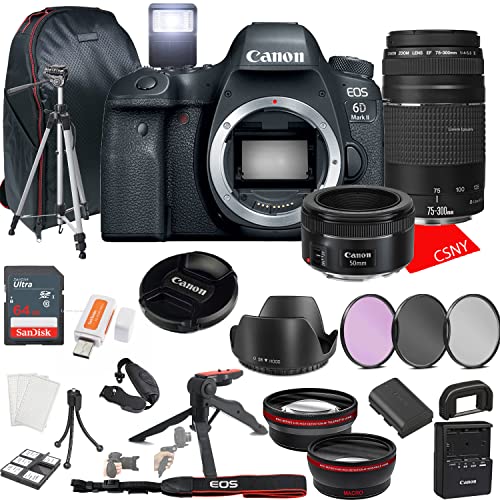 Canon EOS 6D Mark II DSLR Camera w/EF 50mm F/1.8 STM Lens + 75-300mm F/4-5.6 III Lens + 64GB Memory + Back Pack Case + Tripod, Lenses, Filters, & More (28pc Bundle)