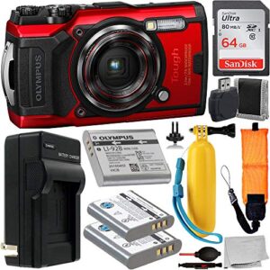 olympus tough tg-6 digital camera (red #v104210ru000) with essential accessory bundle – includes: sandisk ultra 64gb sdxc memory card + 2x seller replacement batteries with charger + much more