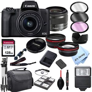 canon eos m50 mark ii mirrorless digital camera with 15-45mm zoom lens lens + 128gb card, tripod, case, and more (24pc bundle) (renewed)