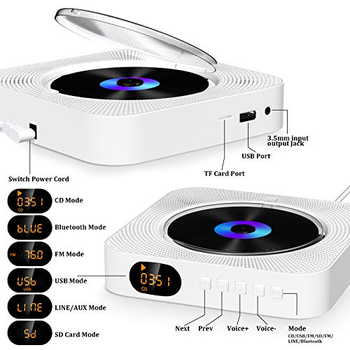 Qoosea Portable CD Player with Bluetooth Wall Mountable CD Music Player Home Audio Boombox with Remote Control FM Radio Built-in HiFi Speakers MP3 Headphone Jack AUX Input Output