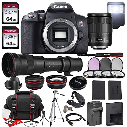 Canon EOS Rebel T8i DSLR Camera w/EF-S 18-135mm f/3.5-5.6 is USM Lens + 420-800mm f/8.3 HD Telephoto Zoom Lens for T Mount + 2X 64GB Memory + Hood + Case + Filters + Tripod + More (35pc Bundle)