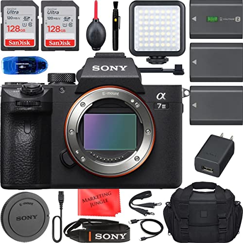 Sony a7 III Body Only Mirrorless Camera Bundle + Accessories (256Gb High Memory, Extra Batteries LED Light, Gadget Bag and More) ILCE7M3/B