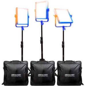 dracast pro series led1000 bi-color led 3 light kit with v-mount battery plates and light stands