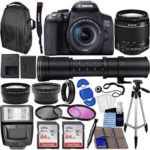 Camera EOS Rebel T8i DSLR Camera w/EF-S 18-55mm F/4-5.6 is STM Zoom Lens + 420-800mm Super Zoom Lens Bundle with Wide Angle + Telephoto Lens + 128GB Memory + Case + Tripod + Filter Kit + More