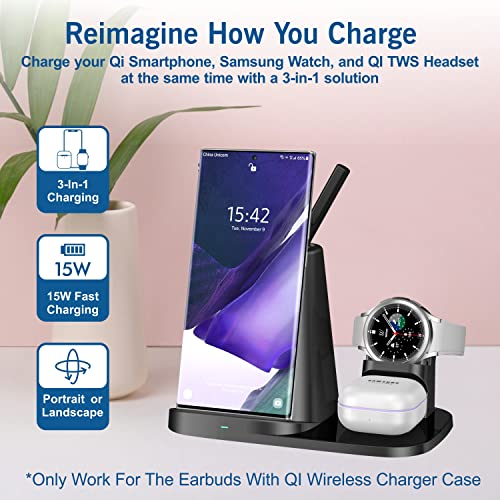 Wireless Charger 4 in 1 Qi-Certified Fast Charging Station for Samsung Galaxy Watch 5 Pro/4/3/Active 2/Gear S3/Sport, Charge Stand Dock for Note 20/Note 10/S22/S21/S10/S20,Buds