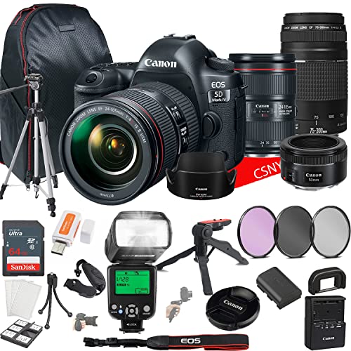 Canon EOS 5D Mark IV DSLR Camera w/EF 24-105mm f/4L is II USM + 75-300mm F/4-5.6 III + EF 50mm F/1.8 STM Lenses + 64GB Memory + Back Pack Case + Tripod, TTL Flash, Filters, & More (28pc Bundle)