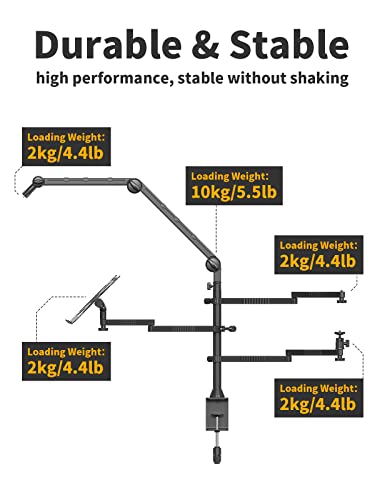 Home Stream Camera Desk Mount - LS21 Desktop Overhead Camera Mount Flexible Microphone Boom Arm + Laptop Stand Mount + 2 Extension Magic Arm for Webcam DSLR Ring Light Laptop Mic