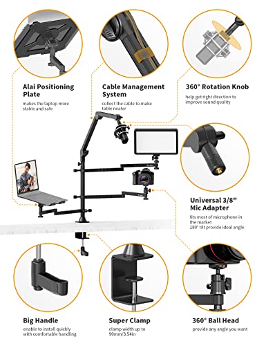 Home Stream Camera Desk Mount - LS21 Desktop Overhead Camera Mount Flexible Microphone Boom Arm + Laptop Stand Mount + 2 Extension Magic Arm for Webcam DSLR Ring Light Laptop Mic