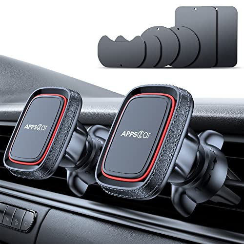 APPS2Car 2 Pack Magnetic Phone Car Mount, Car Phone Holder Mount Magnetic, Built in 6 Strong Magnets, Air Vent Cell Phone Holder for Car with Adjustable Secure Tightening System