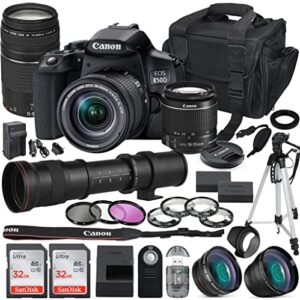 canon eos 850d (rebel t8i) dslr camera with 18-55mm & 75-300mm lens bundle + 420-800mm mf zoom lens + 2x 32gb sandisk memory + accessory bundle including auxiliary lenses, tripod, camera case & more