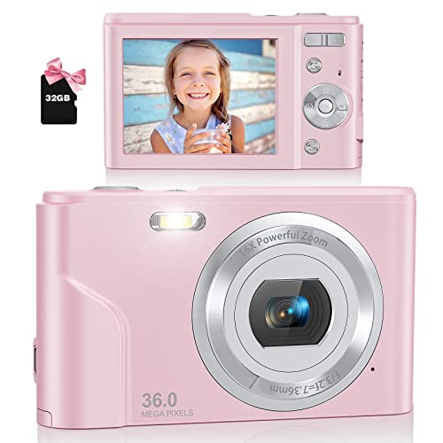 Digital Camera with 32GB SD Card, Lecran Kids Camera FHD 1080P 36.0 Mega Pixels Vlogging Camera with 16X Digital Zoom, LCD Screen, Compact Portable Mini Cameras for Kids, Teens, Students (Pink)