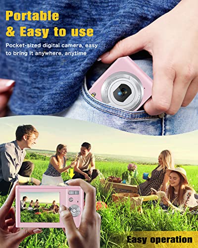 Digital Camera with 32GB SD Card, Lecran Kids Camera FHD 1080P 36.0 Mega Pixels Vlogging Camera with 16X Digital Zoom, LCD Screen, Compact Portable Mini Cameras for Kids, Teens, Students (Pink)