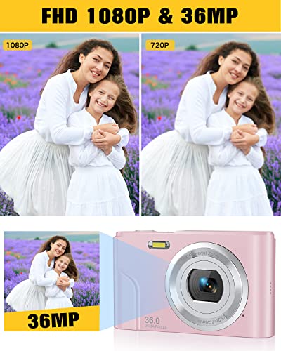 Digital Camera with 32GB SD Card, Lecran Kids Camera FHD 1080P 36.0 Mega Pixels Vlogging Camera with 16X Digital Zoom, LCD Screen, Compact Portable Mini Cameras for Kids, Teens, Students (Pink)