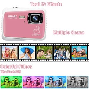 Kids Camera,21MP HD 3M Waterproof Digital Camera Kids,Kids Waterproof Camera 2.0 Inch LCD Display,8X Digital Zoom,Flash and Mic for Kids Boys Girls Gift(Pink)