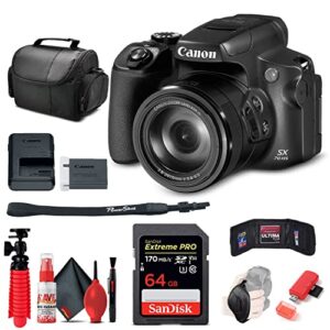 canon powershot sx70 hs digital camera (3071c001), 64gb card, card reader, soft bag, flex tripod, hand strap, memory card holder, cleaning kit (international model) (renewed)