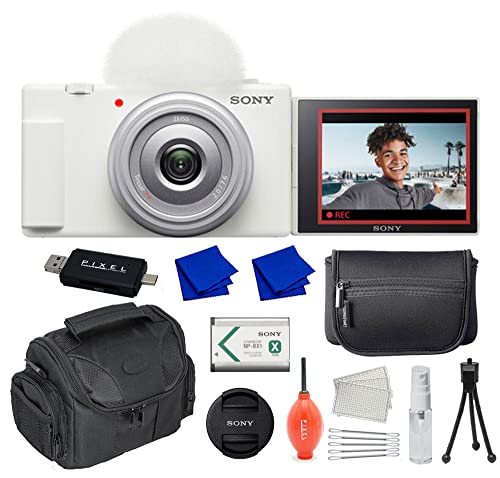 Sony ZV-1F Vlogging Camera (White) Bundle with Camera Pouch, Gadget Bag, Starter Kit & More, Black