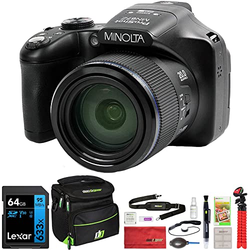 Minolta MN67Z-BK 20MP / 1080p HD Bridge Digital Camera with 67x Optical Zoom Bundle with Lexar Professional 633x 64GB UHS-1 Class 10 SDXC Memory Card and Deco Gear Camera Bag for DSLR (Black)