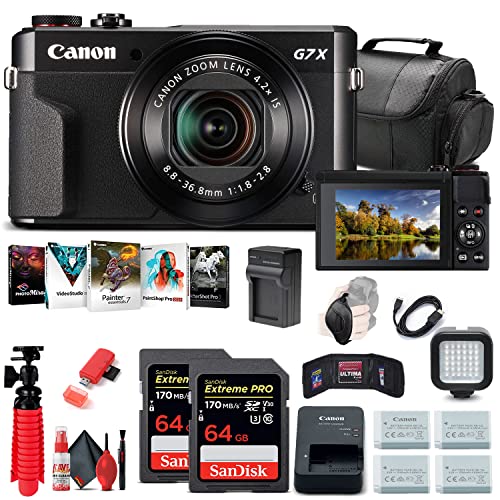 Canon PowerShot G7 X Mark II Digital Camera (1066C001), 2 x 64GB Cards, 3 x Replacement NB13L Batteries, Corel Photo Software, Charger, Card Reader, LED Light, Soft Bag + More (Renewed)