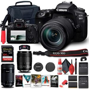 canon eos 90d dslr camera with 18-135mm lens (3616c016), ef-s 55-250mm lens, 64gb memory card, case, corel photo software, lpe6 battery, external charger, card reader + more (renewed)