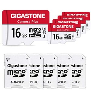 [gigastone] 16gb 5-pack micro sd card, camera plus, microsdhc memory card for wyze cam, security camera, full hd video recording, uhs-i u1 class 10, up to 85mb/s, with microsd to sd adapter