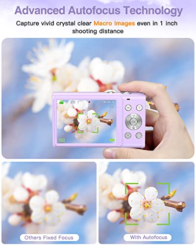 Digital Camera, Zostuic 2.7K Autofocus 48MP Kids Camera with 32 GB Card 16X Zoom Compact Portable Mini Toy Cameras Christmas Birthday Festival Gift for Kid Children Teens Girls Boys(Purple)