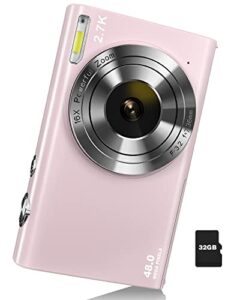digital camera auto focus 2.7k 48mp digital point and shoot camera with 32gb memory card,16x zoom, time lapse vlogging camera digital cameras for 8-15 years kids teenagers students boys girls,pink