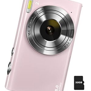 Digital Camera Auto Focus 2.7K 48MP Digital Point and Shoot Camera with 32GB Memory Card,16X Zoom, Time Lapse Vlogging Camera Digital Cameras for 8-15 Years Kids Teenagers Students Boys Girls,Pink