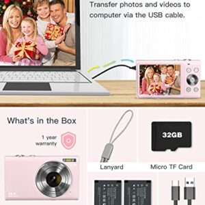 Digital Camera Auto Focus 2.7K 48MP Digital Point and Shoot Camera with 32GB Memory Card,16X Zoom, Time Lapse Vlogging Camera Digital Cameras for 8-15 Years Kids Teenagers Students Boys Girls,Pink