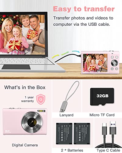 Digital Camera Auto Focus 2.7K 48MP Digital Point and Shoot Camera with 32GB Memory Card,16X Zoom, Time Lapse Vlogging Camera Digital Cameras for 8-15 Years Kids Teenagers Students Boys Girls,Pink