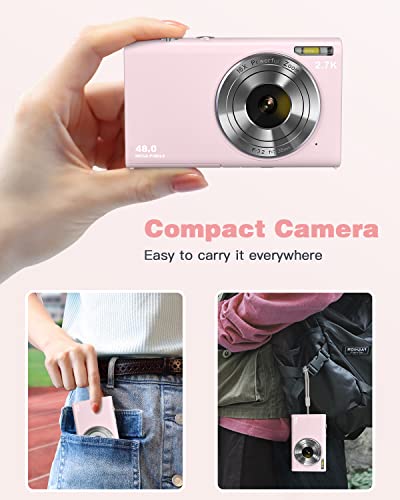 Digital Camera Auto Focus 2.7K 48MP Digital Point and Shoot Camera with 32GB Memory Card,16X Zoom, Time Lapse Vlogging Camera Digital Cameras for 8-15 Years Kids Teenagers Students Boys Girls,Pink