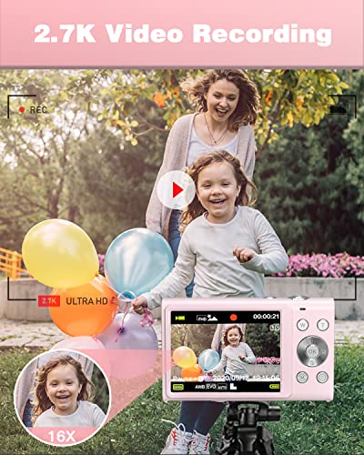 Digital Camera Auto Focus 2.7K 48MP Digital Point and Shoot Camera with 32GB Memory Card,16X Zoom, Time Lapse Vlogging Camera Digital Cameras for 8-15 Years Kids Teenagers Students Boys Girls,Pink