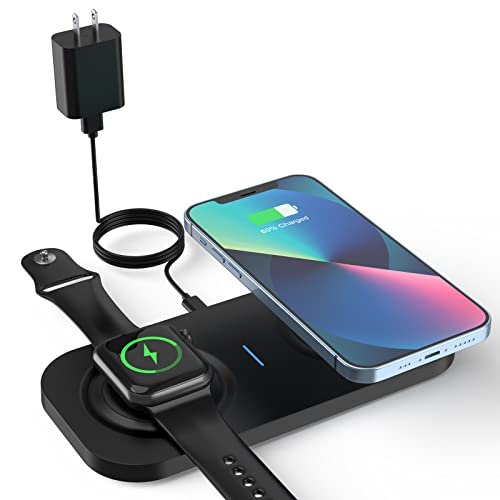 Dual Wireless Charger for iPhone and Watch,Duo Charging Pad for Apple Watch 8/7/6/SE/5/4/3/2, iPhone 14/13/12/11/X/8/SE Series.