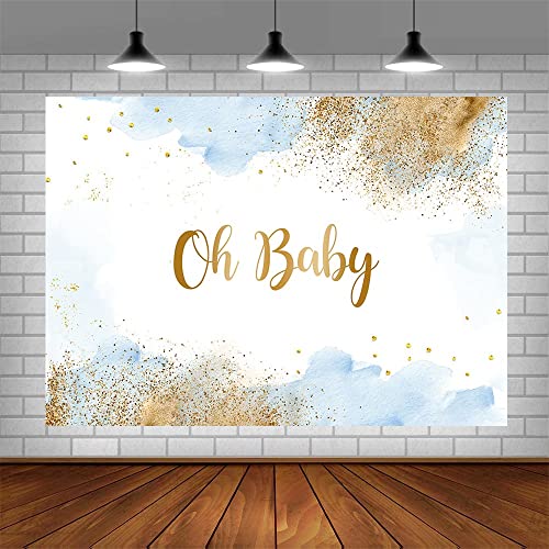 Sendy 7x5ft Oh Baby Backdrop for Boys Watercolor Pastel Photography Background Blue Clouds Gold Glitter Baby Shower Party Decorations Cake Table Banner Supplies Photo Studio Props