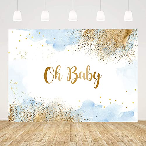 Sendy 7x5ft Oh Baby Backdrop for Boys Watercolor Pastel Photography Background Blue Clouds Gold Glitter Baby Shower Party Decorations Cake Table Banner Supplies Photo Studio Props